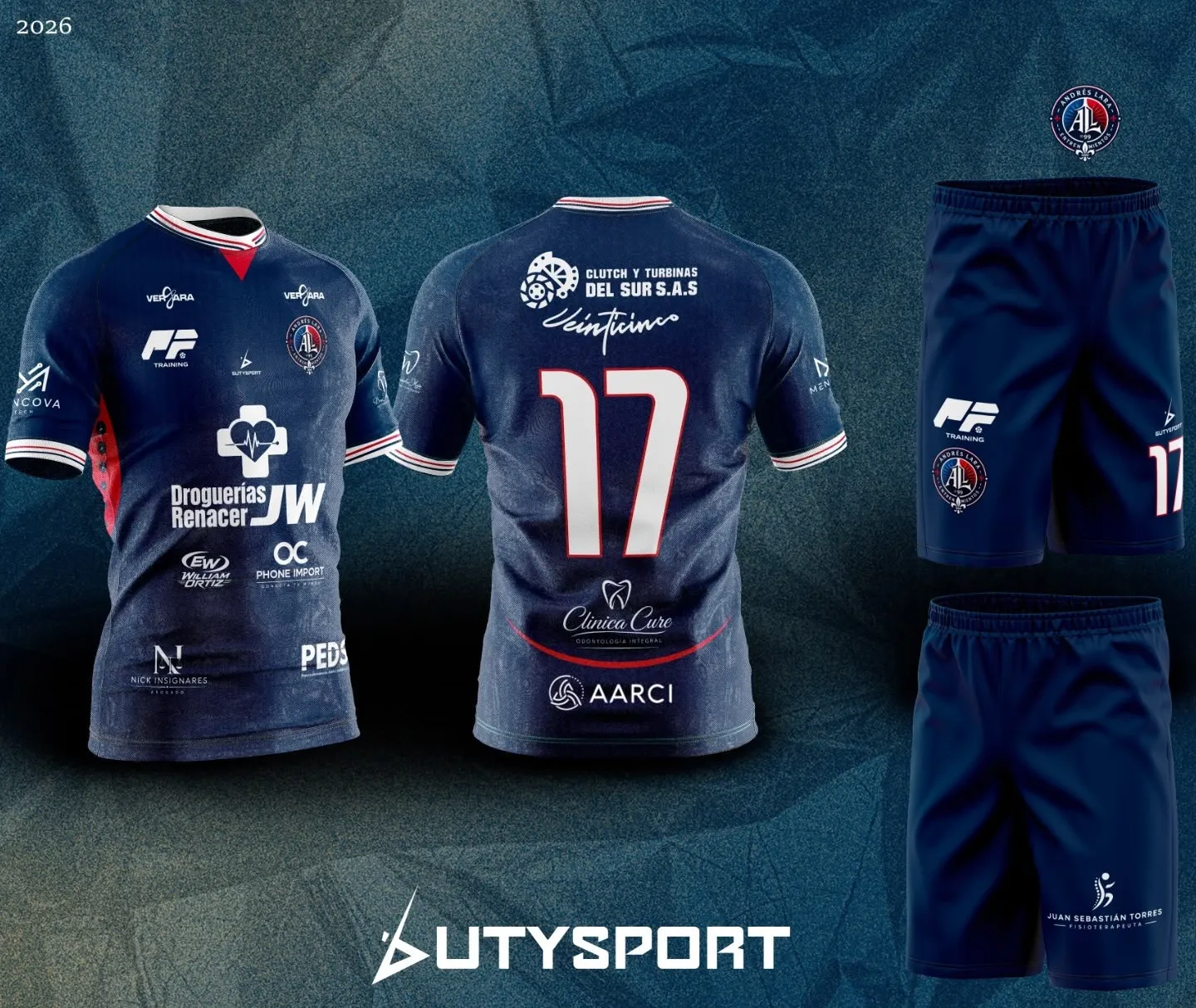 Indumentaria 2026 azul: camiseta y pantaloneta con los logos de las marcas que acompañan el proyecto
